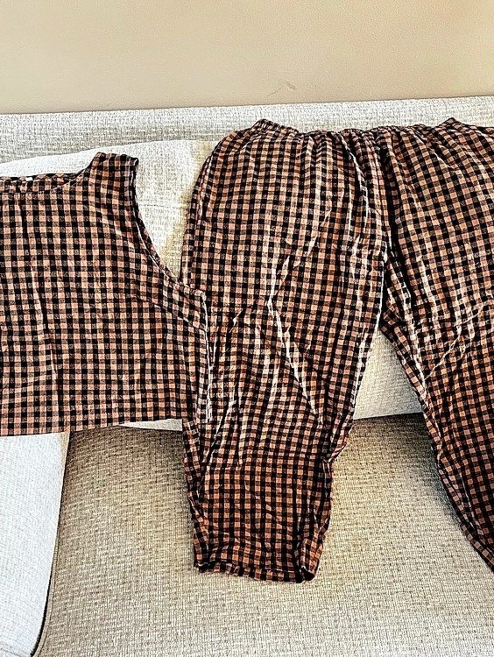 brown & black gingham pattern crop top and pant set